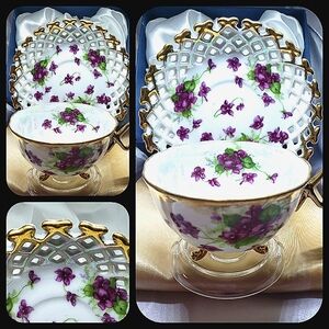 Reticulated Lavender/ Purple, White, & Gold Teacup and Saucer